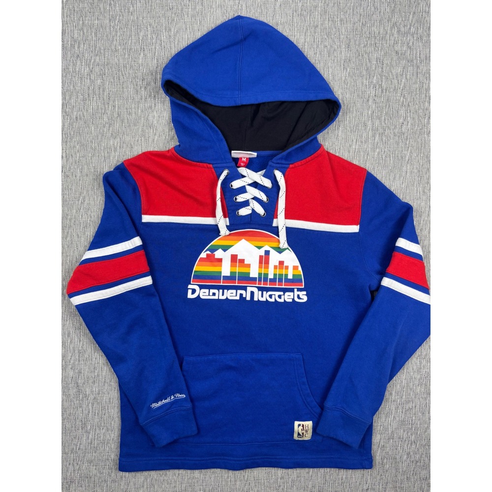 Mitchell & Ness Denver Nuggets Hoodie Mens Medium Blue Rainbow Skyline HWC Retro